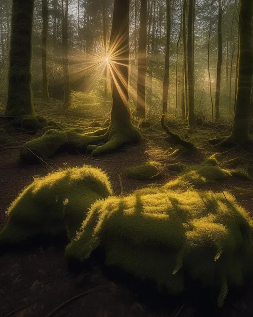 Prompt: An ethereal image of a mystical, mossy forest in the golden hour just before sunset. Sun rays filter through the trees illuminating particles of dust floating gently through the air ((emphasize lighting and mood)). Tiny dancing ((fireflies)) begin to appear amongst the trees. Shot with a Sony A7S III camera using a wide angle lens to capture the expanse of the forest. The lighting is dramatic and atmospheric. The mood is magical, tranquil and filled with wonder. In the style of Hayao Miyazaki