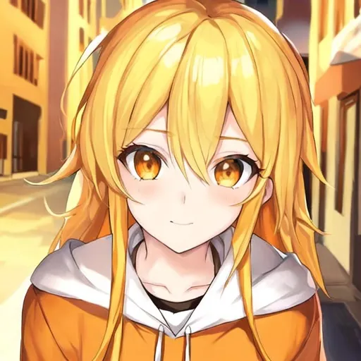 Prompt: Portrait of a cute girl with blonde hair and golden eyes wearing an orange hoodie in the city at sunrise 