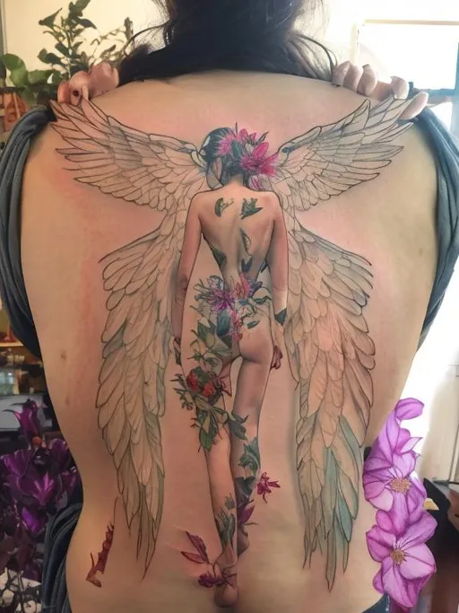 Prompt: Figure model with wings inside a circule and a background full of botanical flowers, tattoo, watercolor