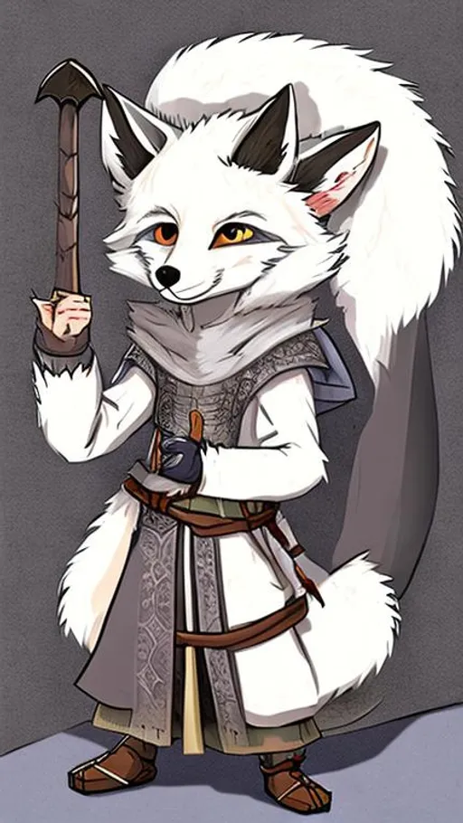 Prompt: An anime style scene illustration of a white anthropomorphic male fox cub with black ears dressing medieval druid clothes.