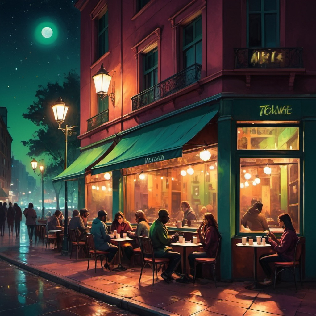 late-night café, street lanterns, moonlight, coffee...