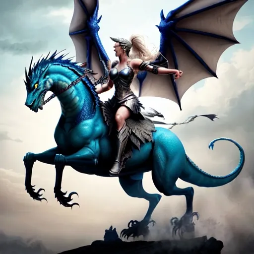Prompt: A valkyrie riding a dragon into a battle.