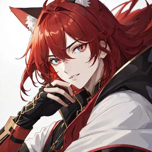 Prompt: Zerif 1male as a cat (Red side-swept hair covering his right eye) UHD, 8K, Highly detailed, insane detail, best quality, high quality, anime style,