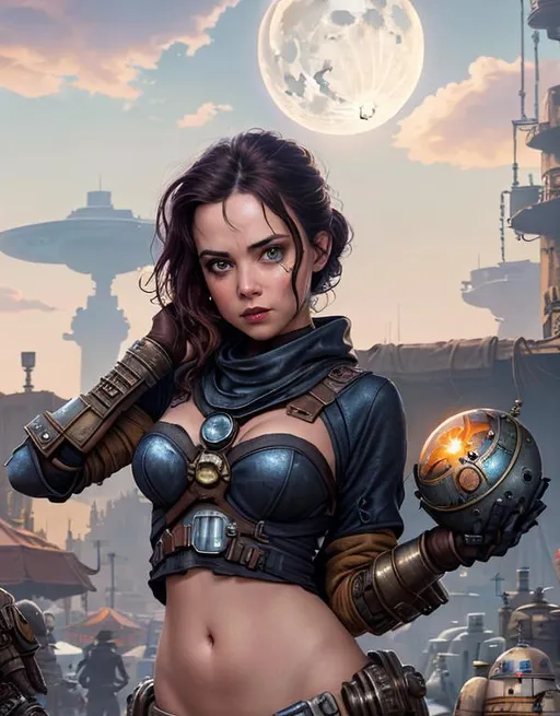 Prompt: star wars, a female steampunk merchant with gasmask attachment to metal rusty helm showing random alien artifacts in a stall with alien writing, busy marketplace at different aliens, Full-body portrait, detailed beautiful eyes, epic full moon in background, dark city, windy with clouds, 8k, dim lighting, by Frank Frazetta and Wally Wood 