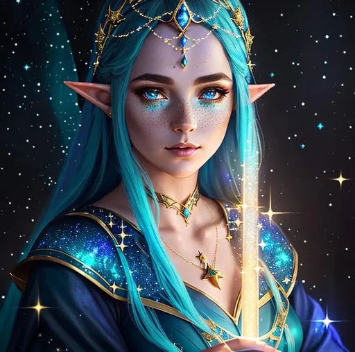 Prompt: glowing, shimmer, stars, long dark blue dress, tiara, fantasy, mage, sorcerer, magic,  close up portrait of cute elf princess character,  tattoos of star constellations on her face, well lit, atmospheric,  character design, gold freckles, highly detailed, fantasy character illustration, portrait, beautifully lit, ethereal, bleak, art by stanley artgerm, peter mohrbacher, Brian Froud, rossdraws, guweiz and wlop and ilya kuvshinov and artgerm and makoto shinkai and studio ghibli. art by Stanley Artgerm, Charlie Bowater, painting by daniel f gerhartz, art by Andrew Atroshenko, orange, yellow and black, black curly hair, dramatic makeup, highly detailed girl by artgerm and Edouard Bisson, highly detailed oil painting, portrait of a beautiful person, art by Stanley Artgerm, Charlie Bowater, Atey Ghailan and Mike Mignola,