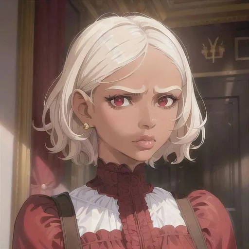 Prompt: (masterpiece, illustration, best quality:1.2), brown skin, frustrated face, detailed eyes, Victorian style, very short trimmed white hair, devilish like white eyes, wearing red nightgown, best quality face, best quality, best quality skin, best quality eyes, best quality lips, ultra-detailed eyes, ultra-detailed hair, ultra-detailed, illustration, colorful, soft glow, 1 girl