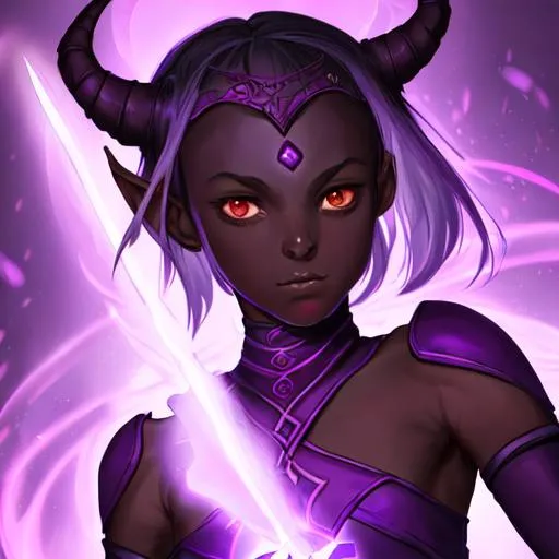 Prompt: Portrait of an adolescent, scared, innocent, beautiful tiefling girl with very dark ash skin, wearing thieve's garb with glowing, light purple psionic blades