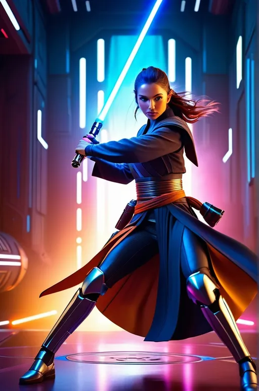Prompt: Female Jedi Knight in action, vibrant and exotic setting, intense lightsaber duel, high-quality 3D rendering, sci-fi, futuristic, detailed robotic enemies, vibrant colors, intense action, powerful force abilities, cool lighting effects, dynamic pose, vibrant world, sci-fi