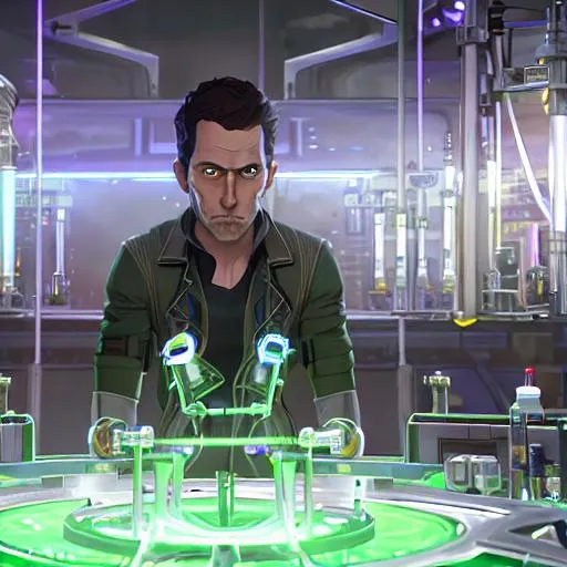 Prompt: Zack Snyder style unltra realistic High resolution picture of Rick from rick an Morty, white trench coat, in super high-tech science underground lab, making an alien in a bio testtube, rendered in 3D unreal engine, super detail .obj a sci-fi chemistry lab,deep detailed, dramatic gree lighting, cinematic,35 mm, masterpiece lighting 

