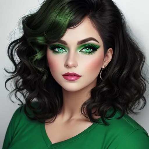 Prompt: A woman all in green, green eyes, pretty makeup