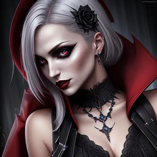 Prompt: anthropomorphized "Vampire the Masquerade", wearing an outfit inspired by "Vampire the Masquerade", she is making eye contact, full body, detailed symmetrical face, detailed real skin textures, highly detailed, digital painting , HD quality, 