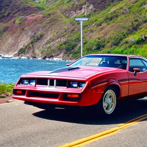 Prompt: 1987 plymouth cuda driving down a road with ocean in the background