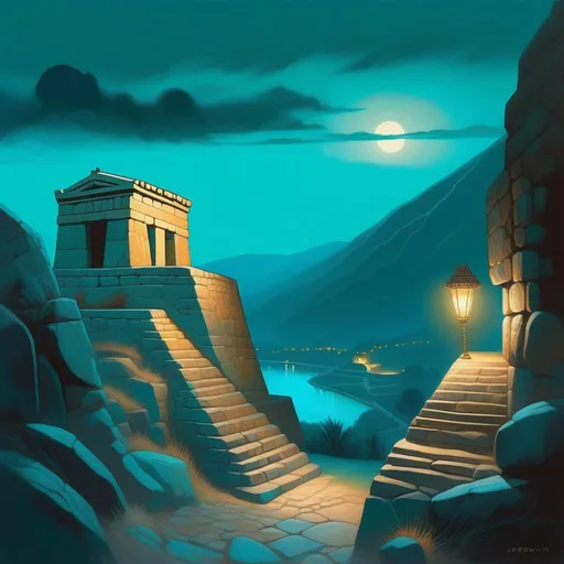 Prompt: Mycenae at night, bronze age, creepy, fog, cold teal atmosphere, cartoony style, extremely detailed painting by Greg Rutkowski and by Henry Justice Ford and by Steve Henderson 

