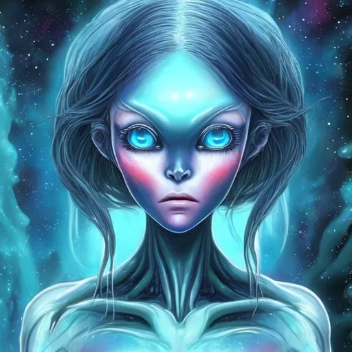Prompt: alien with ocean blue iridescent skin, very long dark blue hair, and eyes like the cosmos, human like