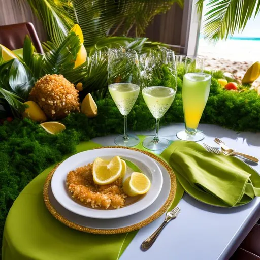 Prompt: "Generate an image of a scene at a tropical beach resort. The table should be exquisitely decorated, emphasizing the intricate details. Place a glass of exceptionally refreshing and sparkling lime juice with a vivid green color, made from bright green Tahiti lemons with ice cubes. Set the plate of beautifully presented breaded shrimp separately, and ensure that the glass serving dish filled with a vibrant, diverse, and inviting tropical fruit salad is the centerpiece of the scene, showcasing exceptionally colorful, varied fruits radiating freshness and vibrancy. Additionally, include a magnificent serving platter with a meticulously crafted Valencian paella. The entire scene should exude an atmosphere of a beachside summer vacation, with utmost attention to detail and presentation."" ultra hd, realistic, vivid colors, highly detailed, UHD drawing, pen and ink, perfect composition, beautiful detailed intricate insanely detailed octane render trending on artstation, 8k artistic photography, photorealistic concept art, soft natural volumetric cinematic perfect light"

