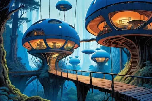 Prompt: An alien settlement of spherical houses suspended in blue forest canopy, with rickety bridges between them, with mysterious lights  in houses, psychedelic imagery, in style of Moebius