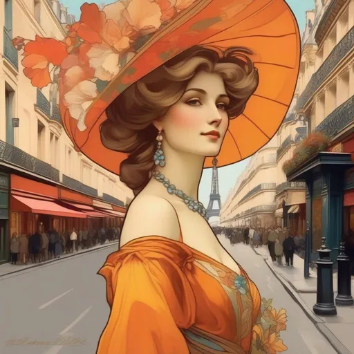 Prompt: Please create a French style poster in the style of Alphonse Mucha of a beautiful perfectly proportioned woman in a Parisian street scene. Bright colours 
 