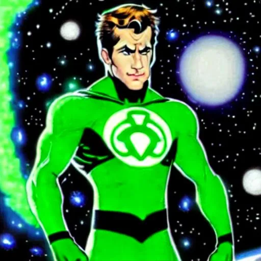 Prompt: Hal Jordan Ryan Reynolds Inspired, Green-Glowing-Cape floating in deep outer-space 