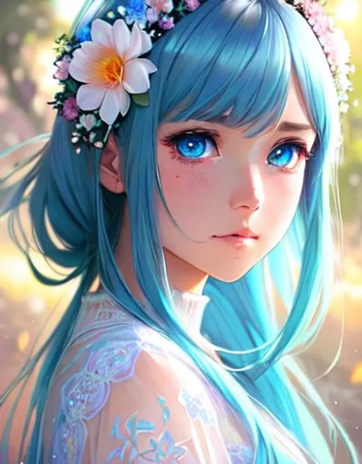 Prompt: full body portrait,  flower sleeve top, girl wearing flower crown, crying, smooth and soft skin, big dreamy eyes, light blue eyes, beautiful intricate, symmetrical colored hair, wide anime eyes, soft lighting, detailed face, by makoto shinkai, stanley artgerm lau, wlop, rossdraws, concept art, digital painting, looking at camera
