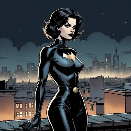 Prompt: dark colors, dramatic, graphic novel illustration,  2d shaded retro comic book, woman, super hero in a black outfit, standing on a rooftop at night, we see the city in the background