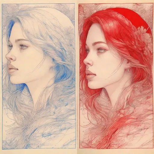 Prompt: 2 panels , in the first panel [ blue :1girl] and in the second panel   [red : 2girl ]  , the 2 panels combined together , beautiful , ink Ballpoint Pen, strong delicate lines , 16k ,HQ, insanely detailed,  hyper realistic