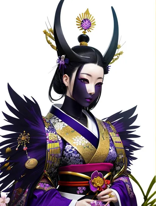 Prompt: High quality portrait of a Japanese Oiran. she is walking in a cherry blossom garden, She has lightly colored pale skin and is very beautiful. Her hair is black and is decorated with purple, silver, and gold hairpins. Her elaborate kimonos are white and purple with checkered patterns. She wears a blue spider lily on her left ear and wears a beautiful purple obi patterned with traditional Japanese mist colored white.