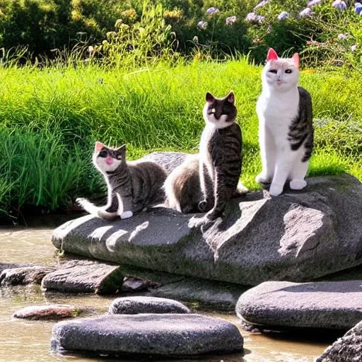 Prompt: three cats on stepping stones by river