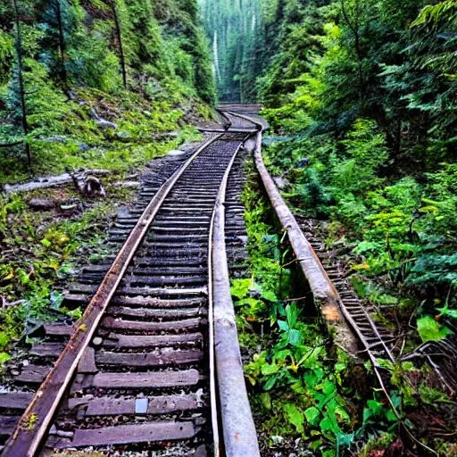 Prompt: abandoned railroad tracks leading up to a mine entrance embedded in the side of a steep mountain