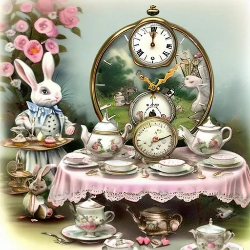 Prompt: Vintage alice in Wonderland tea party scene on long table with clocks, keys, cards, top hat, white rabbit 
