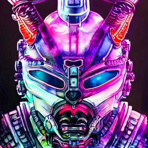 Prompt: Watercolor portrait of a roaring neon SAMURAI with iridescent black markings and a ORNATE CYBERNETIC face, perfect composition, hyperrealistic, super detailed MECHANICAL MASK, 8k, high quality, trending art, trending on artstation, sharp focus, studio photo, intricate details, highly detailed, by greg rutkowski, illustration, watercolor, BY Yoji Shinkawa, BY Yoshitaka Amano