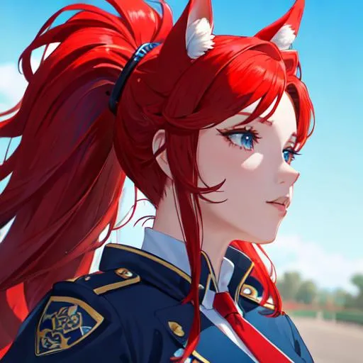 Prompt: Haley as a horse girl with bright red hair pulled back, wearing a blue police officer uniform, UHD, highly detailed
