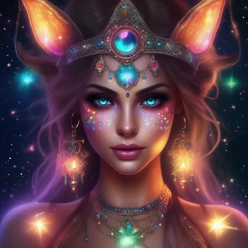 Prompt: A complete body form of a stunningly beautiful, hyper realistic, buxom woman with incredible bright eyes wearing a colorful, sparkling, dangling, glowing, skimpy, boho, flowing, sheer, fairy, witches outfit on a breathtaking night with stars and colors with glowing, detailed sprites flying about