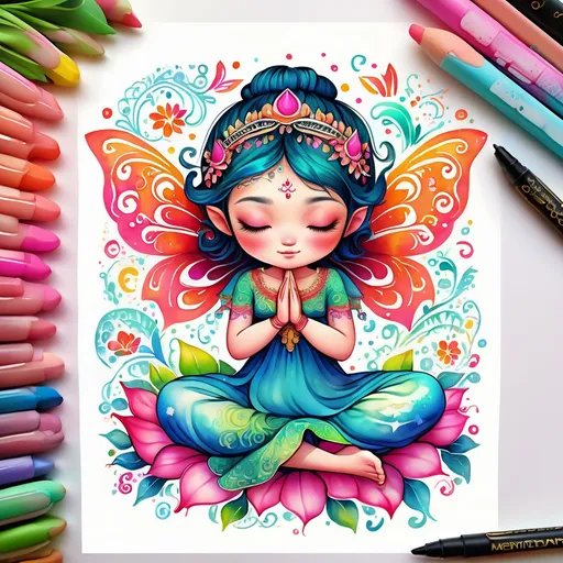 Prompt: Kawaii watercolor artistic patterns with Henna art inspired embellishments and Flourishes, bright vibrant colors, Highly detailed, popping vibrant colors, Gradient Colors, Intricate details, Highly textured, a serene with (((closed eyes))) meditating fairy wearing a dress (((age 5))) in the lower third of the foreground 