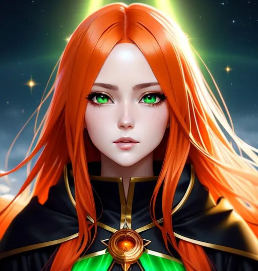 Prompt: anime portrait of fair young girl with flowing orange hair and light green eyes | wearing desert cloak | ultra-fine details, hyper-focused, deep colors, dramatic lighting, ambient lighting god rays, stars | by sakimi chan, artgerm, wlop, pixiv, tumblr, instagram, deviantart