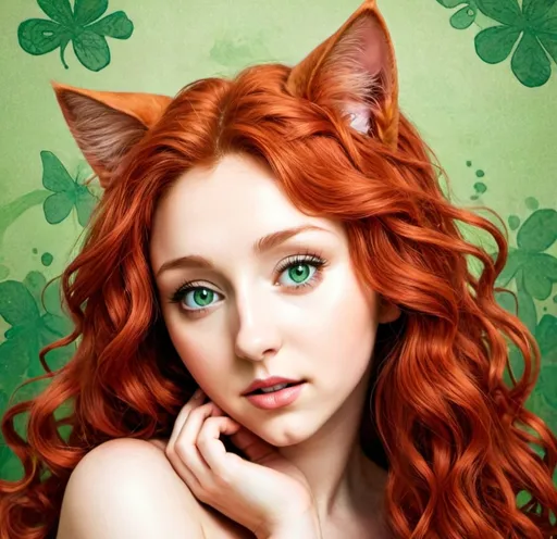 Prompt: Japanese ink art, full body view, Celtic woman with cat ears and tail, long red curly hair, detailed green eyes, detailed skin texture, detailed Japanese background, diffused lighting, delicate, artistic, beautiful, 