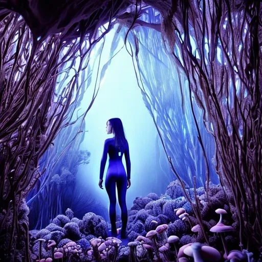 Prompt: One woman freediver in the blue deep, dark space, glowing, luminescent algae, Dark Cave, silver wetsuit, mushrooms, bid space, long hair swimming, long algae, stand