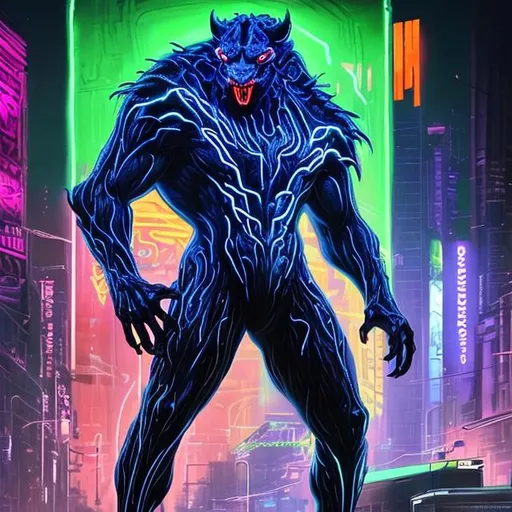 Prompt: The painting depicts a magnificent creature known as the "Neon Apex." It stands at an impressive height, exuding an aura of power and strength. Its muscular physique is evident, with well-defined, bulky limbs that suggest incredible agility and explosive strength. The creature's body is covered in a sleek, midnight-black fur that glistens under the neon lights.

The most striking feature of the Neon Apex is its eyes. They shine with an intense neon glow, reflecting the creature's unparalleled intelligence and wisdom. Its eyes seem to hold the secrets of the universe, glowing with an otherworldly brilliance.

As you observe the painting, you can sense the god-like speed possessed by the Neon Apex. Lines of neon light streak across the canvas, capturing the animal's swift movements. These trails of vibrant colors signify the energy and speed it harnesses.

The painting showcases a blend of organic and mechanical elements. Embedded within the creature's body, you can see neon circuitry, pulsating with energy, symbolizing its connection to a higher power or advanced intellect.
