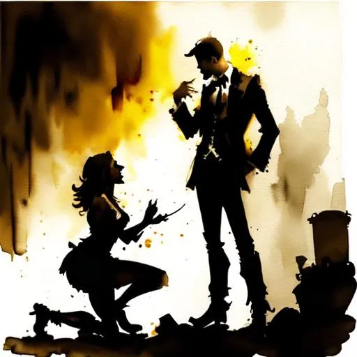 Prompt: Silhouette of a woman proposing marriage to a man inside a city dump, steampunk, sharp, watercolor