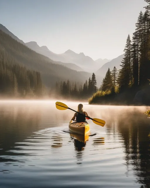 Prompt: A scenic landscape of a woman kayaking across a tranquil alpine lake surrounded by evergreen trees and mountains, illuminated by golden light. Shot from lake level with mist hovering over the water. Use a wide angle lens with a fast shutter speed on a Nikon D850. The mood is serene, adventurous, majestic.