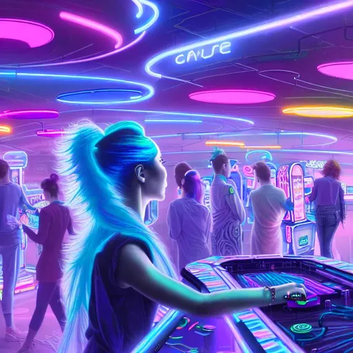 Prompt: A highly detailed pastel neon scifi painting of a elegant yet rebellious woman with flowing mixed blue and purple hair in a futuristic hightech arcade with people playing games on the background timelapsed colorful effects with emphasized gray colours.