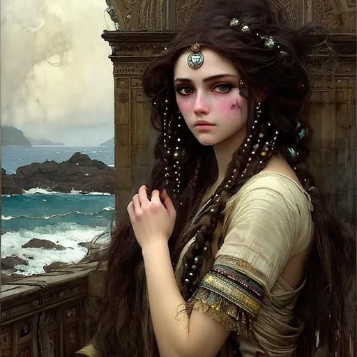 Prompt: Dreamy mysterious young girl with black tribal French braids, full lips, sparkling light yellow  eyes, eyeshadow and blush, tribal brown clothes with black pearls, dark stormy Mediterranean coast, concept art by WLOP and John bauer and John William Waterhouse 