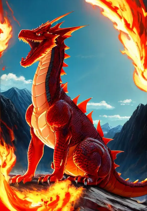 Prompt: UHD, , 8k,  oil painting, Anime,  Very detailed, zoomed out view of character, HD, High Quality, Anime, mountain, Pokemon, Charmeleon, dragon-like with massive flame on tail, Charmeleon is a medium bipedal, reptilian Pokémon. It has dark red scales and a cream underside from the chest down. It has blue eyes and a long snout with a slightly hooked tip. On the back of its head is a single horn-like protrusion. It has relatively long arms with three sharp claws. Its short legs have plantigrade feet with three claws and cream-colored soles. The tip of its long, powerful tail has a flame burning on it. The temperature rises to unbearable levels if Charmeleon swings its tail.

Charmeleon has a vicious nature and will constantly seek out opponents. Strong opponents excite this Pokémon, causing it to spout bluish-white flames that torch its surroundings. However, it will relax once it has won a battle. It is rare in the wild, but it can be found in mountainous areas.

Pokémon by Frank Frazetta