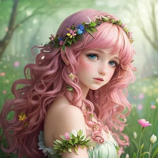 Prompt: a youngfairy goddess of spring, very curlsy hair, pink glow,  wildflowers, vivid colors, closeup