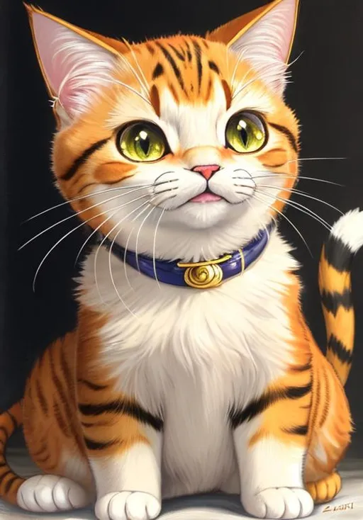 Prompt: UHD, , 8k,  oil painting, Anime,  Very detailed, zoomed out view of character, HD, High Quality, Anime, Pokemon, Meowth is a small creme-colored feline Pokémon with cream-colored fur Its ovoid head features four prominent whiskers wide eyes with slit pupils two pointed teeth in the upper jaw and a small gold koban coin embedded in its forehead. Its ears are black with brown interiors and are flanked with an additional pair of long whiskers. Meowth is a quadruped with the ability to walk on its hind legs; while the games almost always depict Meowth on two legs, the anime states that Meowth normally walks on all fours. It can freely manipulate its claws, retracting them when it wants to move silently. The tip of its tail curls tightly.

Meowth is attracted to round and shiny objects and has the unique ability to produce coins using its signature move, Pay Day. Meowth and its evolved forms are the only known Pokémon capable of learning the move Pay Day by leveling up. Being nocturnal, it is known to wander about city streets at night and pick up anything that sparkles, including loose change. Upon finding a sparkling object, its eyes will glitter and the coin on its forehead will shine brightly. It shares this intrigue with Murkrow, with whom it often fights with for objects and prey. Meowth is a playful but fickle Pokémon with the capacity for human-like intelligence, with at least one member of the species teaching itself how to speak. Meowth tends to live in urban areas.

Pokémon by Frank Frazetta