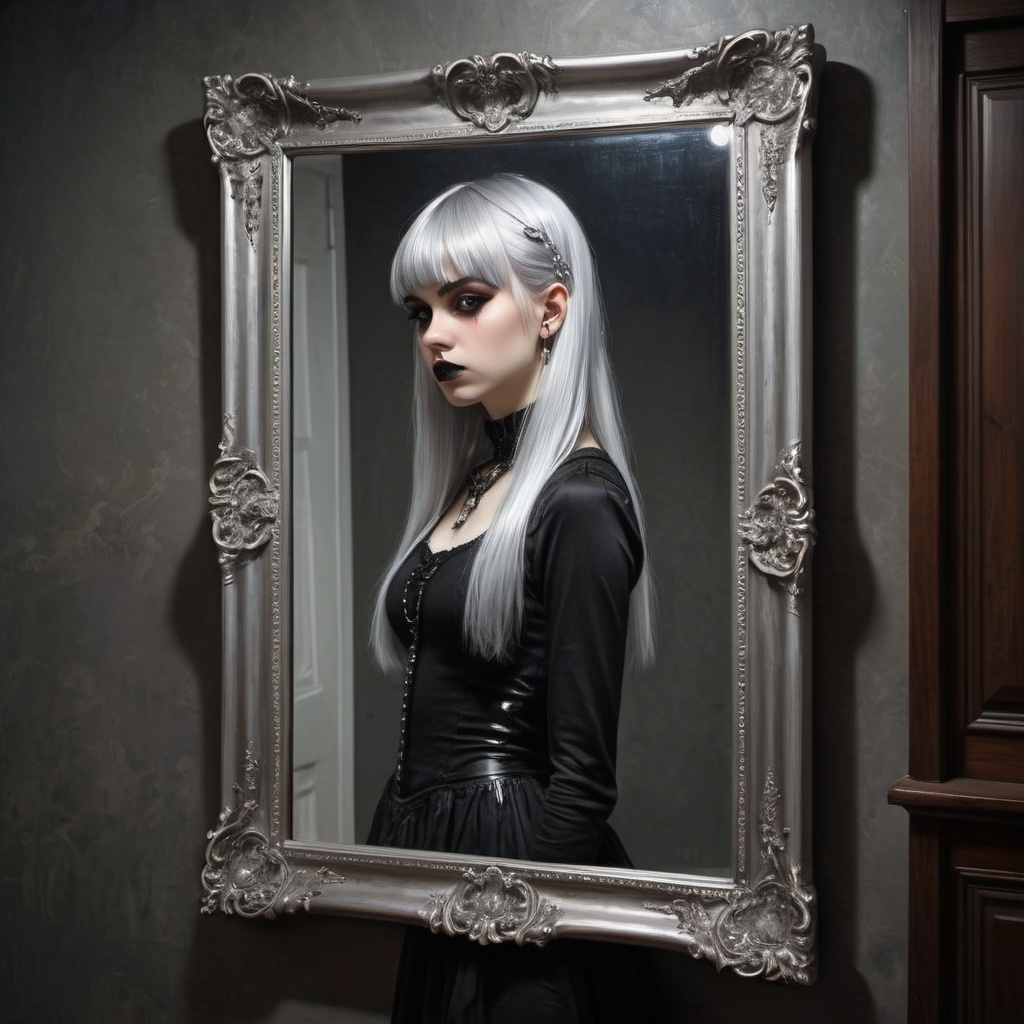 Silver framed full length mirror showing the reflection of a serious 21yearold goth girl seen in p