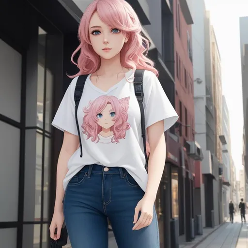 Prompt: one person, full body draw, casual clothes, pink hair, anime, wavy hair, small chest, blue  eyes, cap, walking, masterpiece, best quality, CG, wallpaper, HDR, high quality, ultra detailed face, cinematic,high detail, 8k, raw, high, artstation HQ, unreal engine, octane renderer, 4k resolution,hyperrealistic, highly detailed