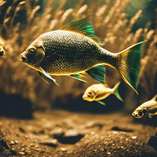 Prompt:  high detail photography style dull gold fish in forest
