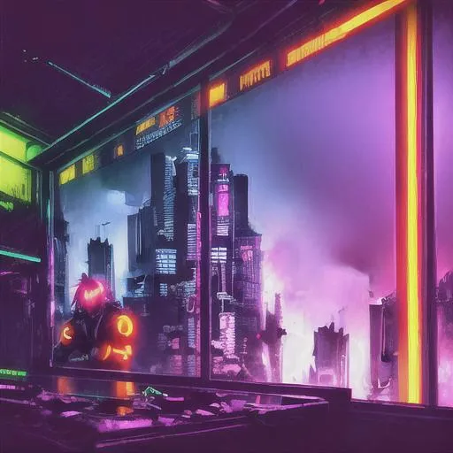 Prompt: Cyberpunk & Lofi setting, Messy, dramatic lighting, Orange, Neon lights, high contrast colours, panoramic view, High detail, Sharp detail, Android, Cozy, Clear Faces, Anime Style, Scrapyard