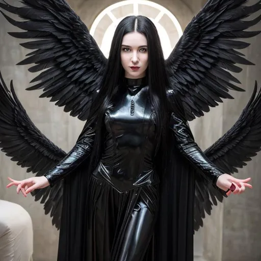 Prompt: a female demonic angel with long, black hair who provides guidance. She has a pale skin and is somewhat slender. She has a wise look and a slight, playful grin on her face. A glance at her provides peace.