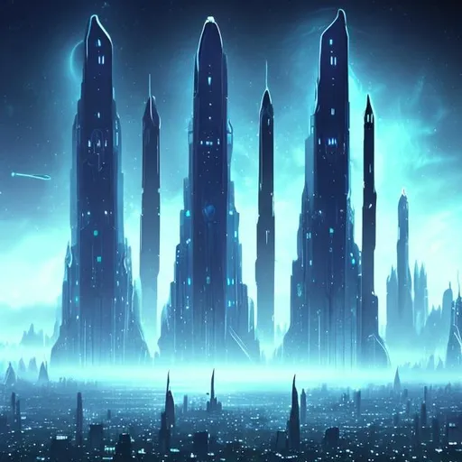 Prompt: Futuristic Tall black towers on deep dark ocean dark sky spaceships night lights hover ships dark tall city lots and lots of small floating ships hovering above clouds big planet with rings closeby spaceships hovering super tall mega skyscraper